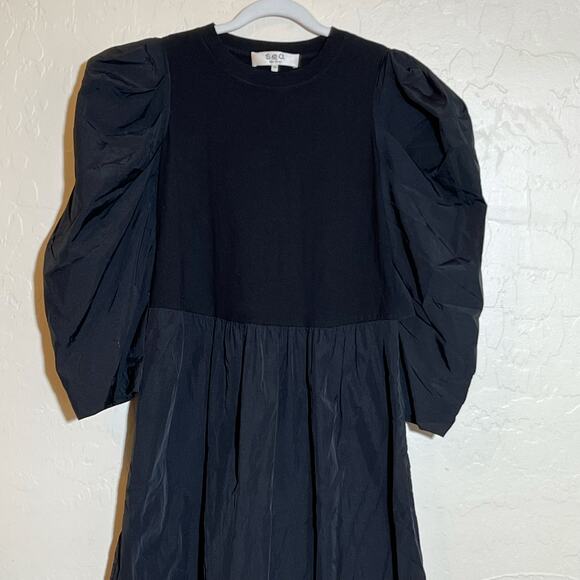 Sea New York Nadja Taffeta Ruffled Puff Sleeve Midi Dress Black Womens Size XS - Picture 4 of 11